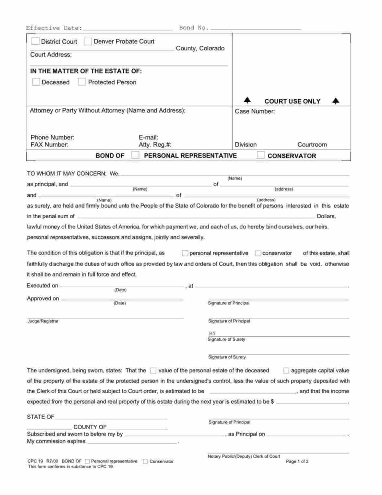 Colorado Administrator/Executor Bond Form