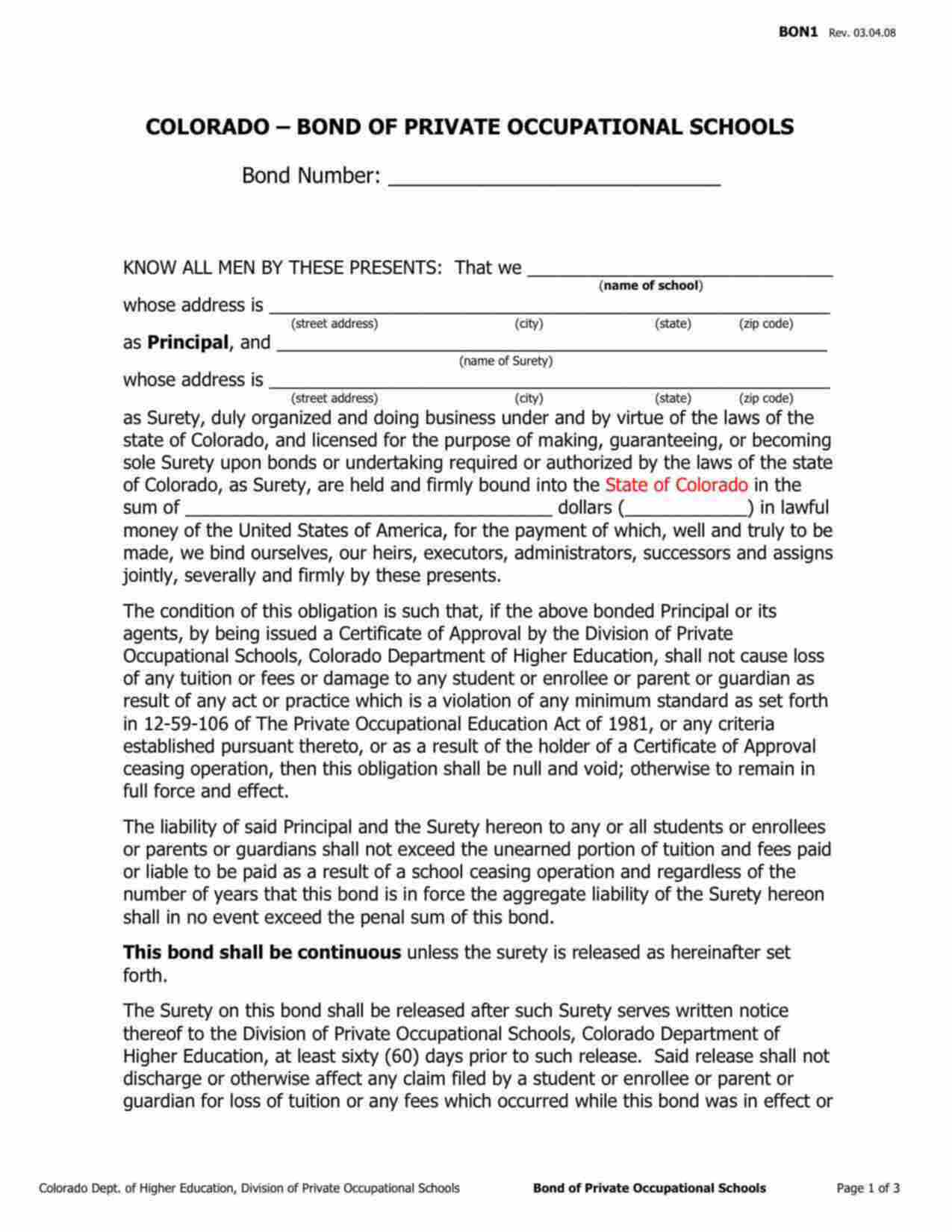 Colorado Private Occupational School Bond Form