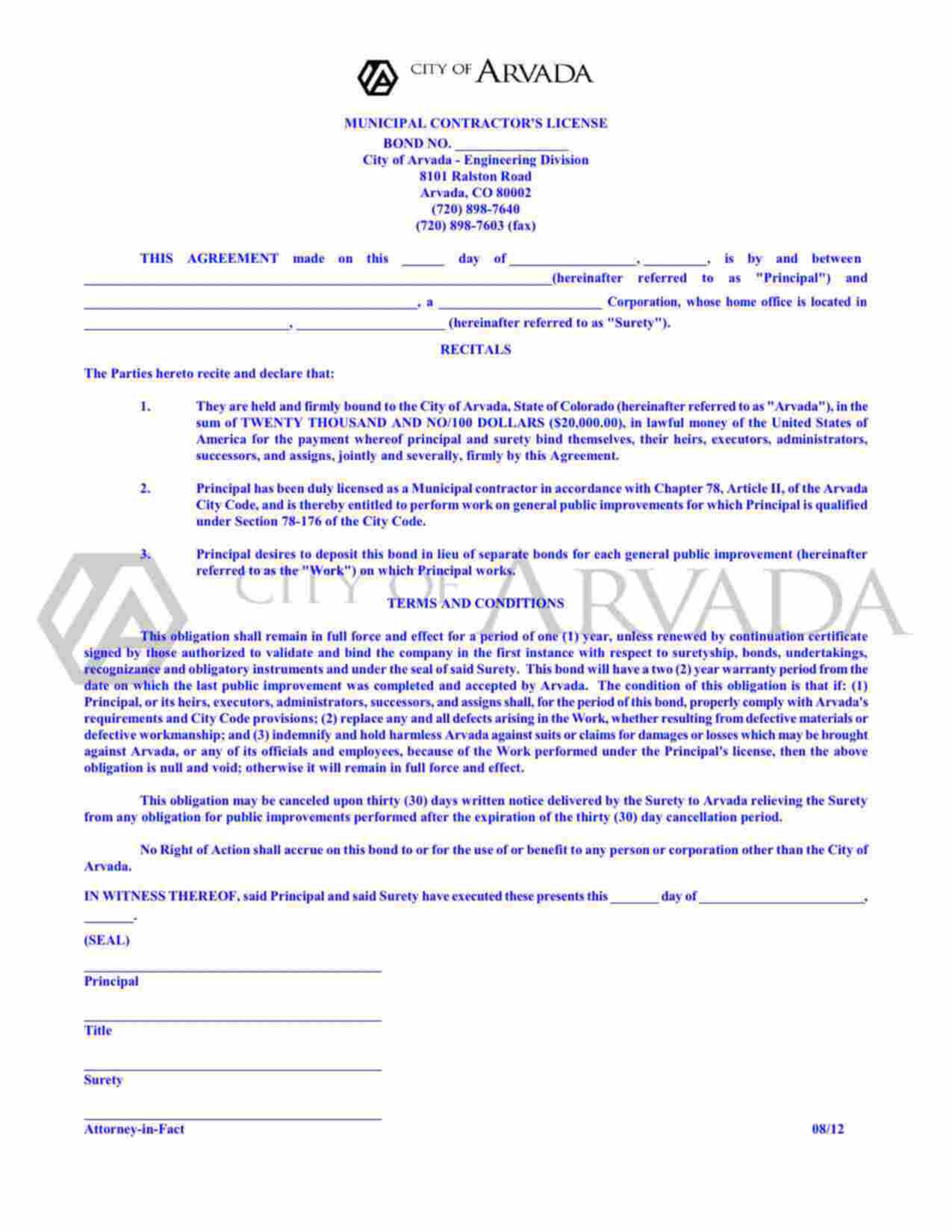 Colorado Municipal Contractor's License Bond Form