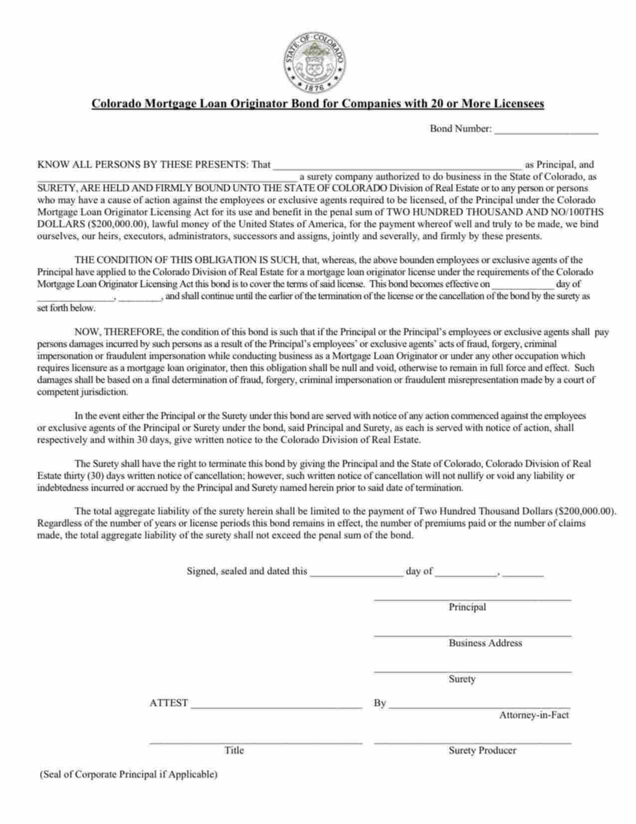 Colorado Mortgage Loan Originator (20 or More Licenses) Bond Form