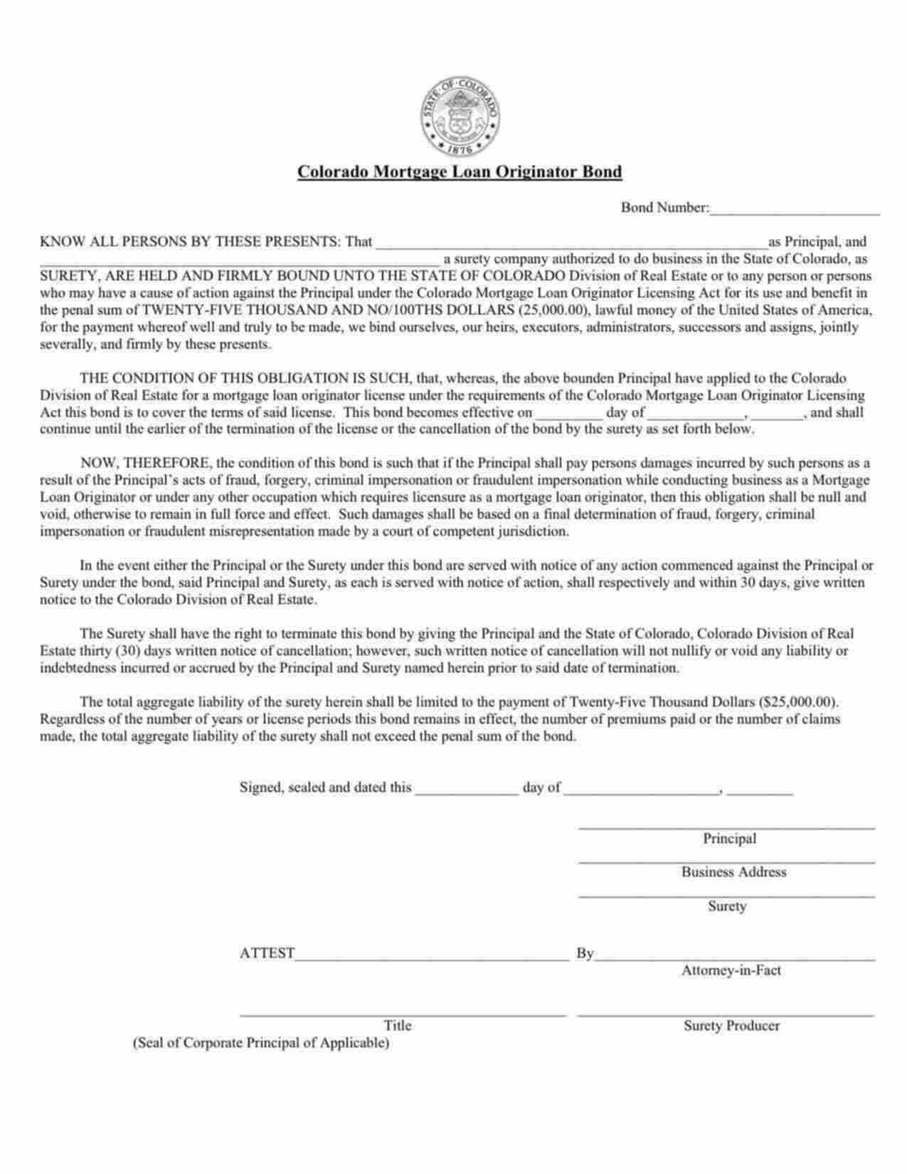 Colorado Mortgage Loan Originator Bond Form