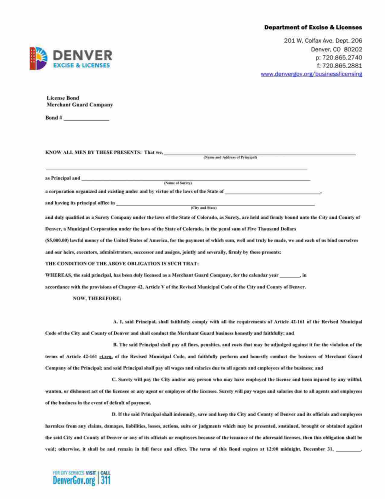 Colorado Merchant Guard Company Bond Form