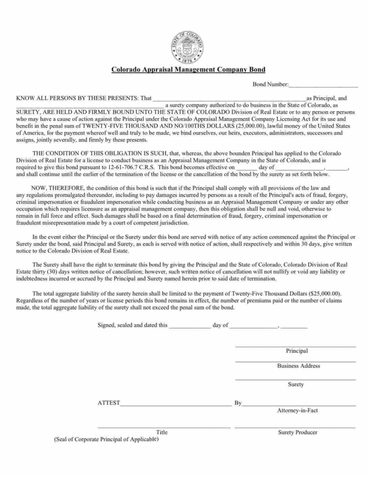 Colorado Appraisal Management Company Bond Form