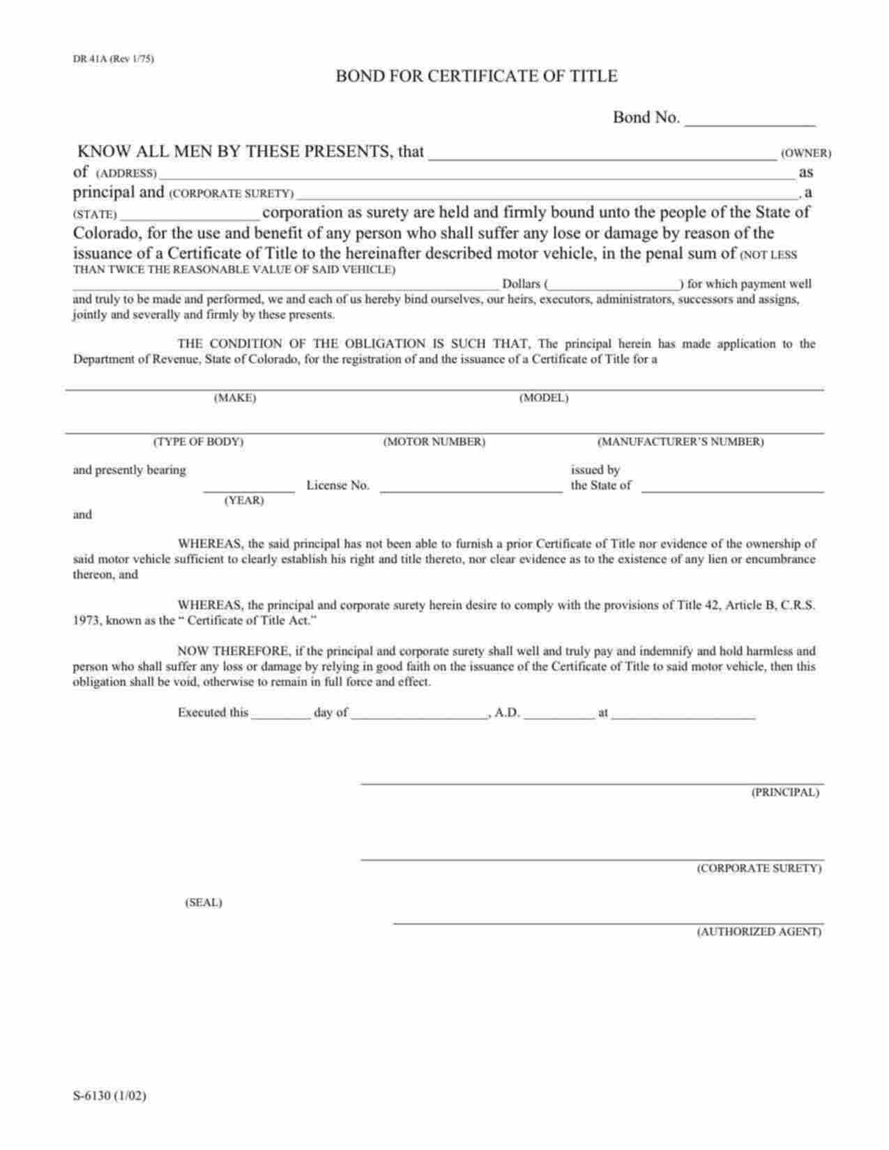 Colorado Motor Vehicle Certificate of Title Bond Form