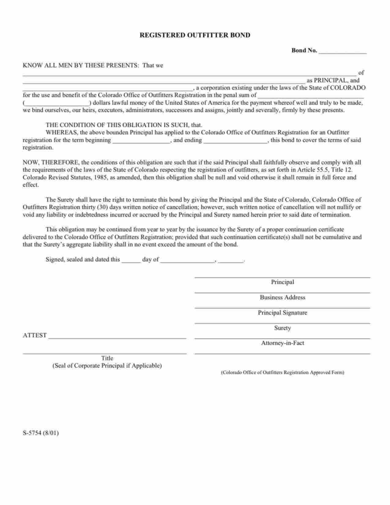 Colorado Registered Outfitter Bond Form