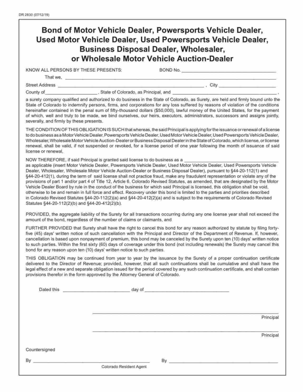 Colorado Used Motor Vehicle Dealer Bond Form