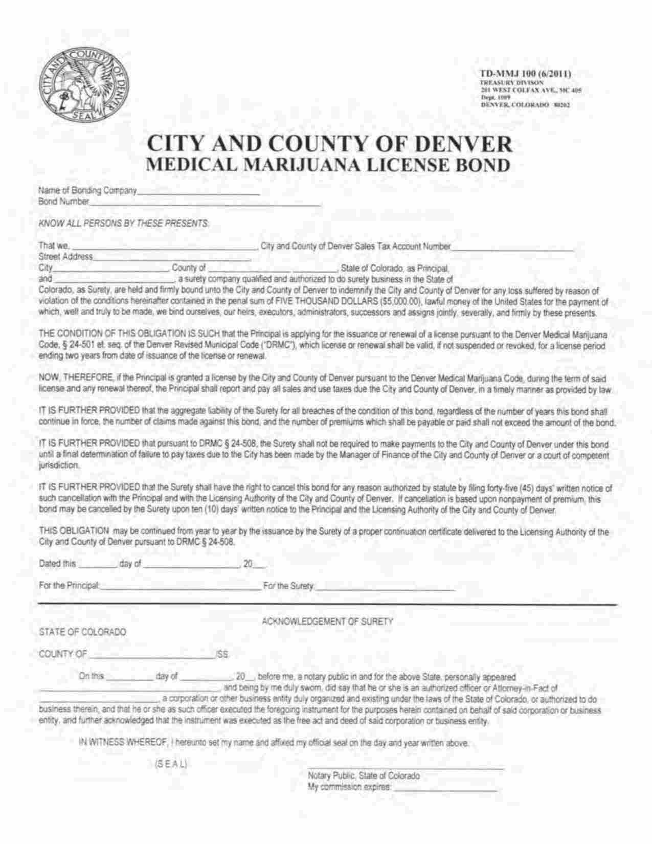 Colorado Medical Marijuana License Bond Form
