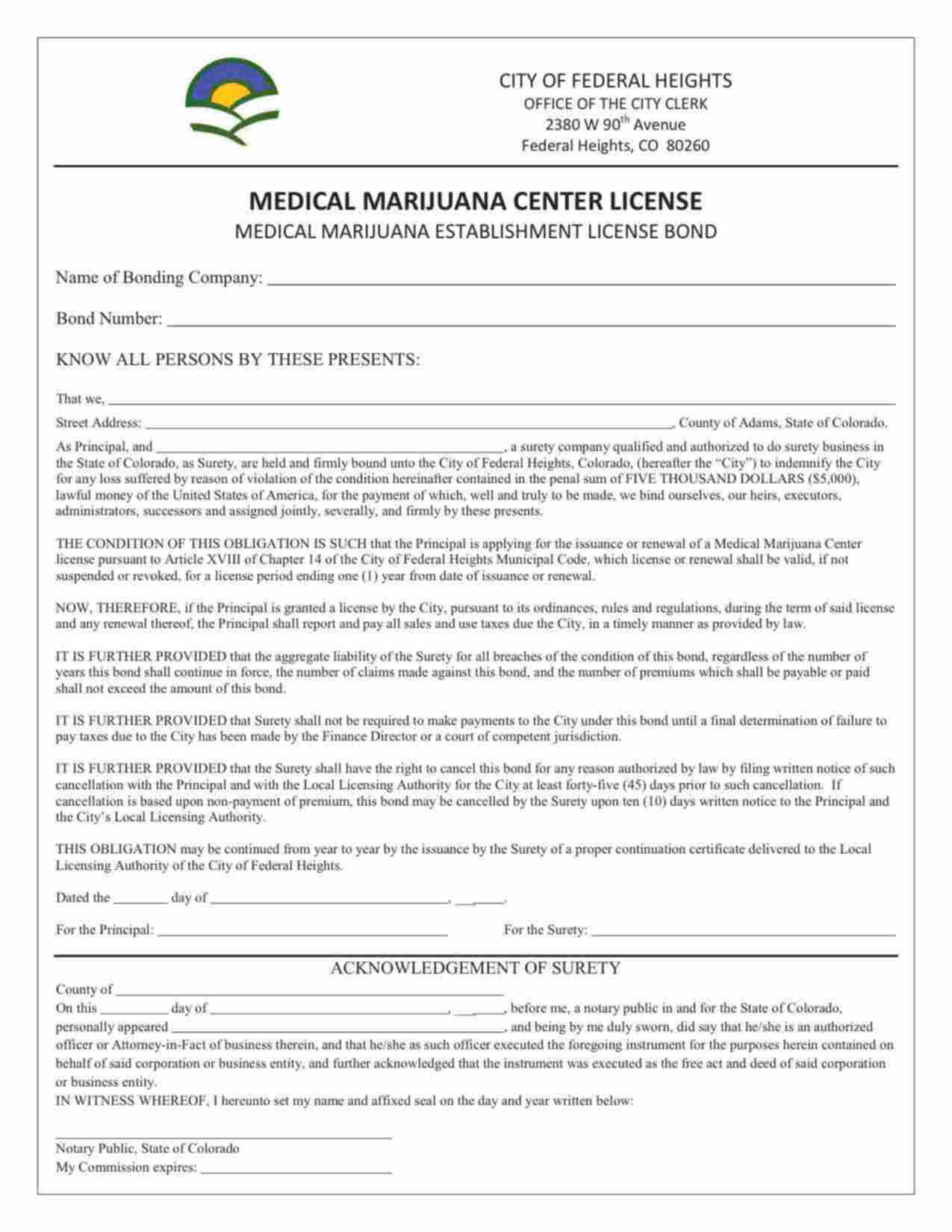 Colorado Medical Marijuana Center License Bond Form