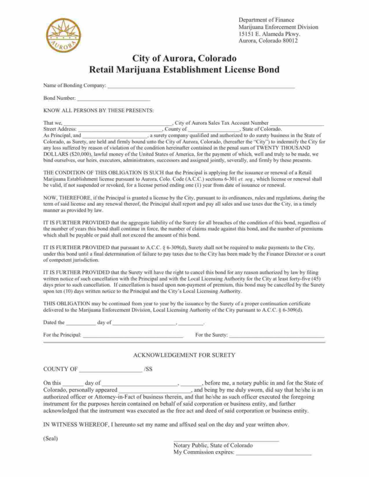 Colorado Retail Marijuana Establishment License Bond Form