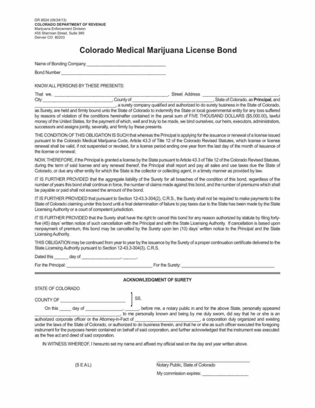 Colorado Medical Marijuana License Bond Form