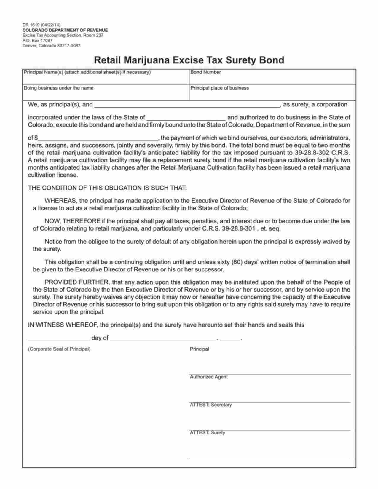 Colorado Retail Marijuana Excise Tax Bond Form