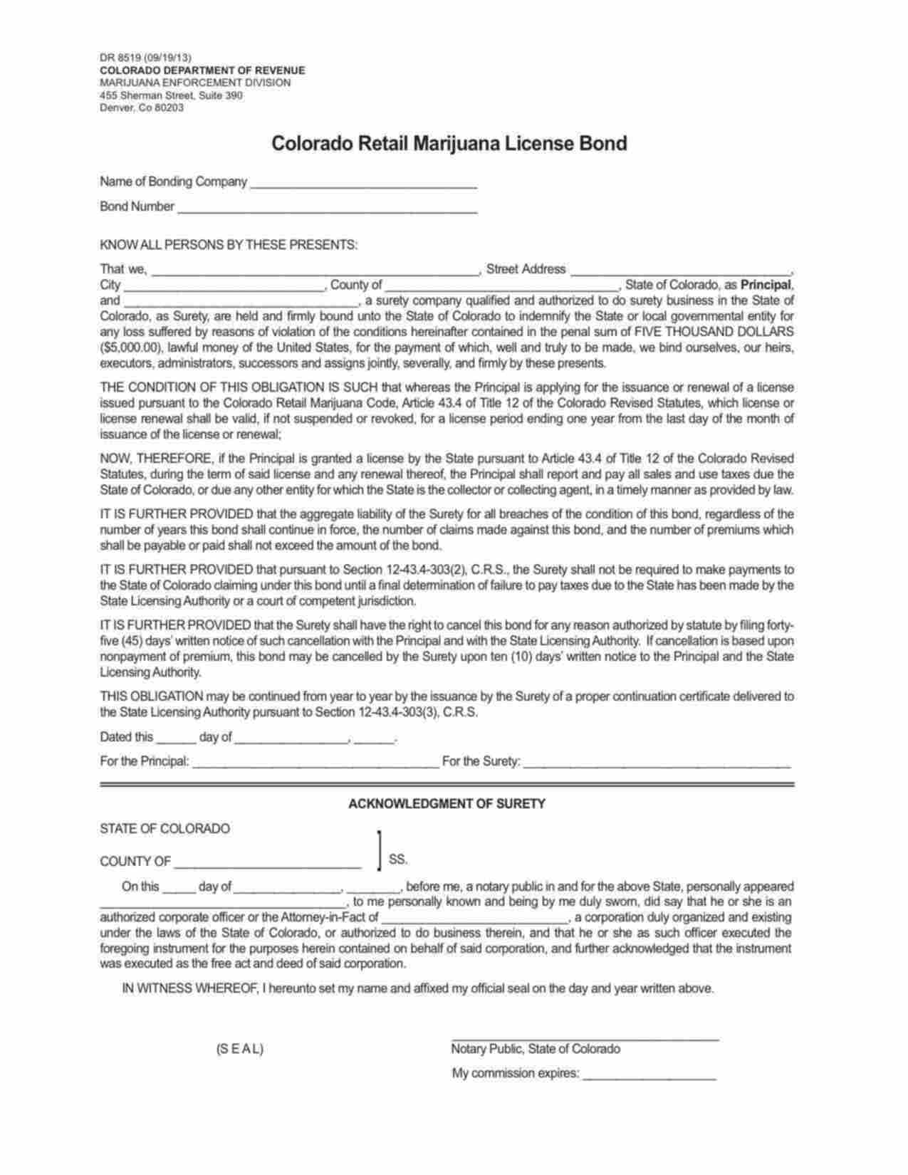 Colorado Retail Marijuana License Bond Form