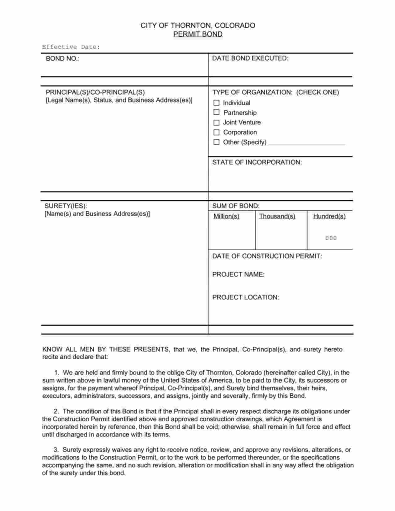 Colorado Construction Permit Bond Form