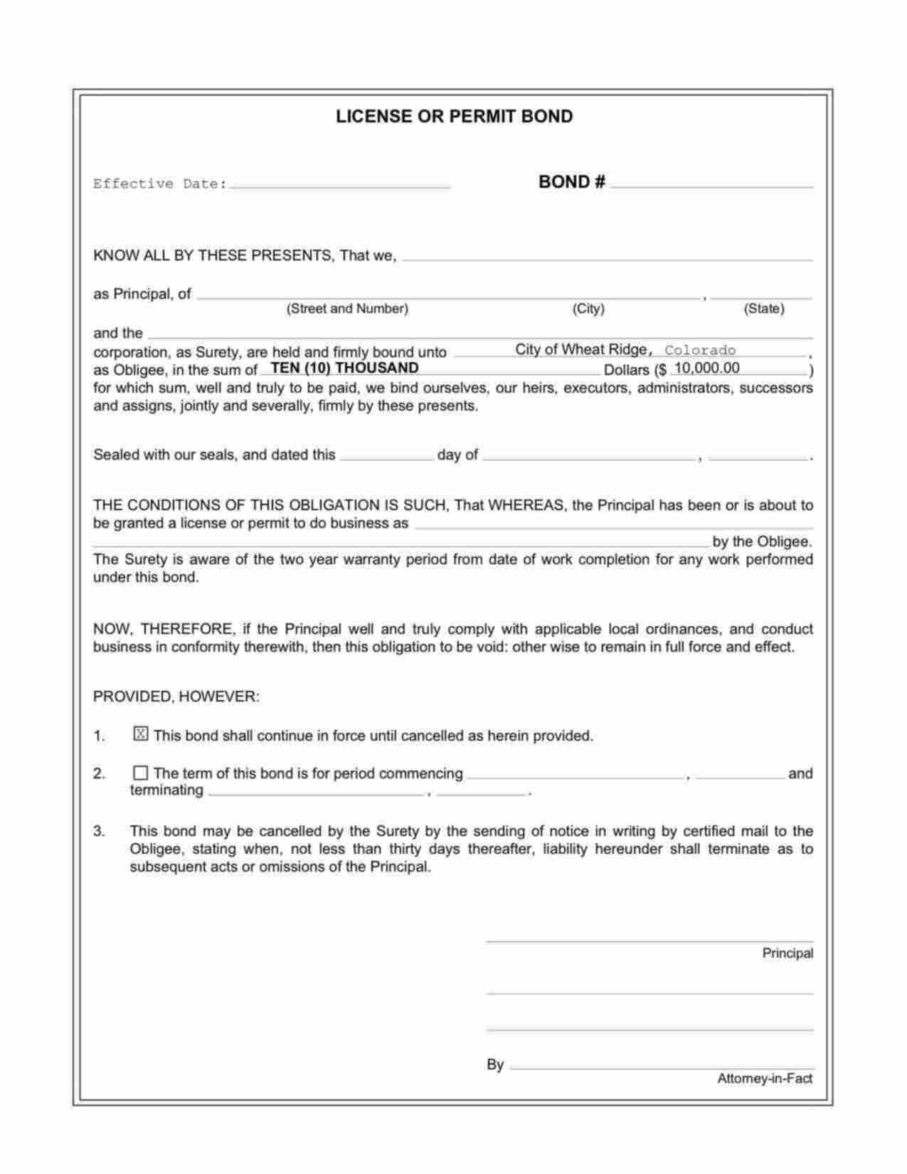 Colorado License/Permit Bond Form