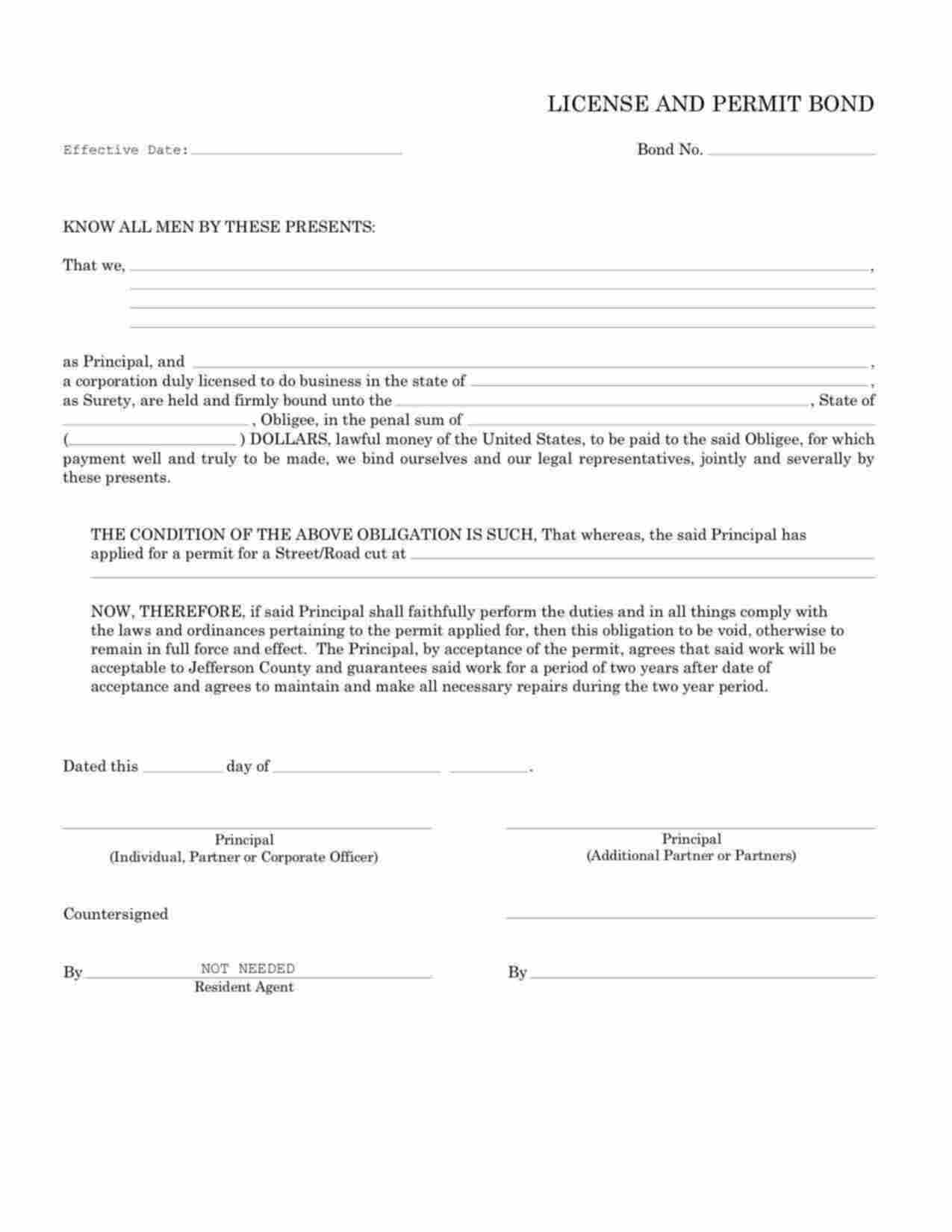 Colorado Street/Road Cut Permit Bond Form