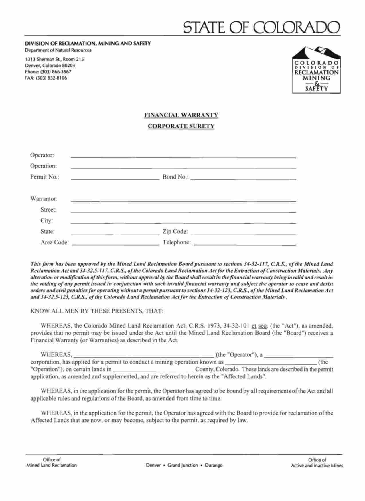 Colorado Mining Operation Financial Warranty Bond Form