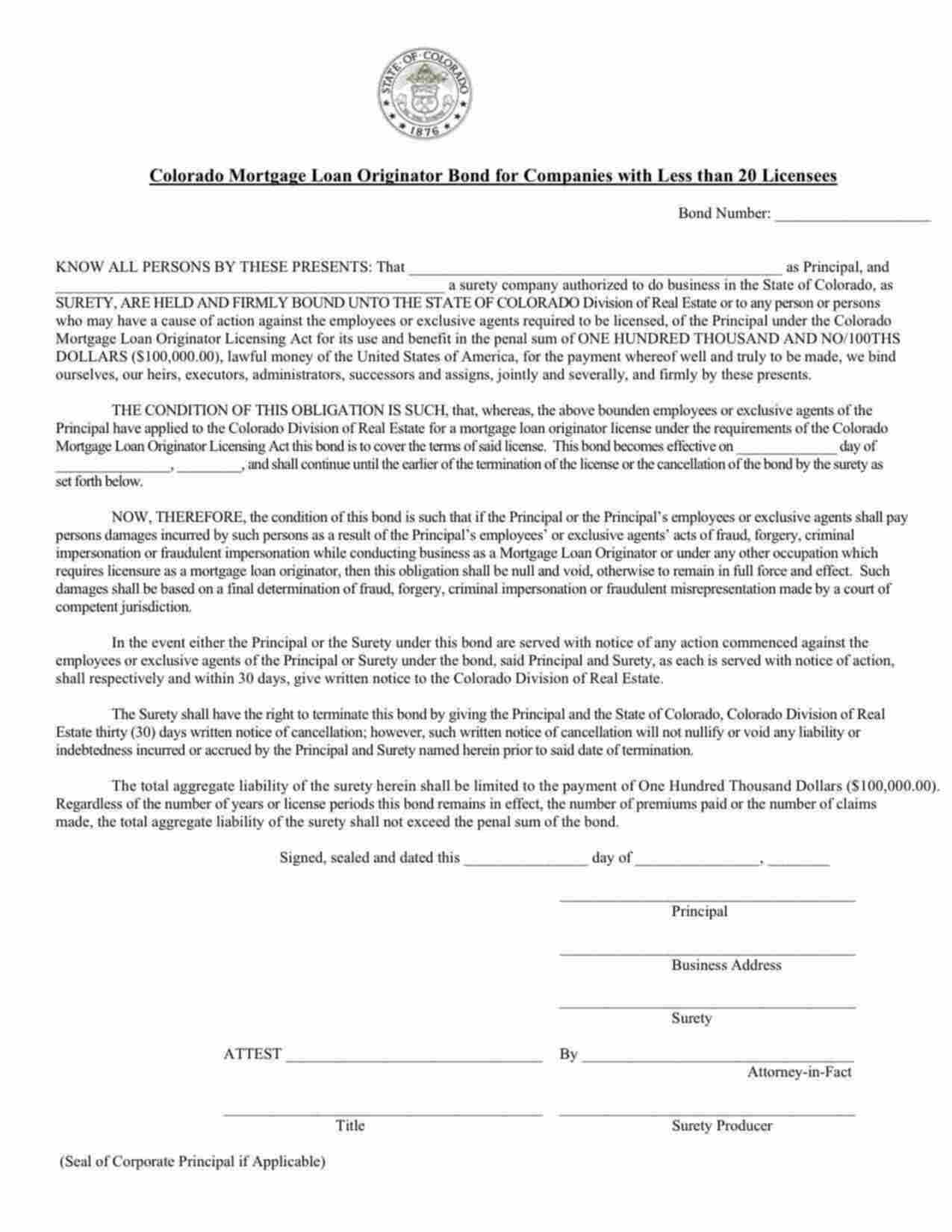 Colorado Mortgage Loan Originator (Less than 20 Licenses) Bond Form