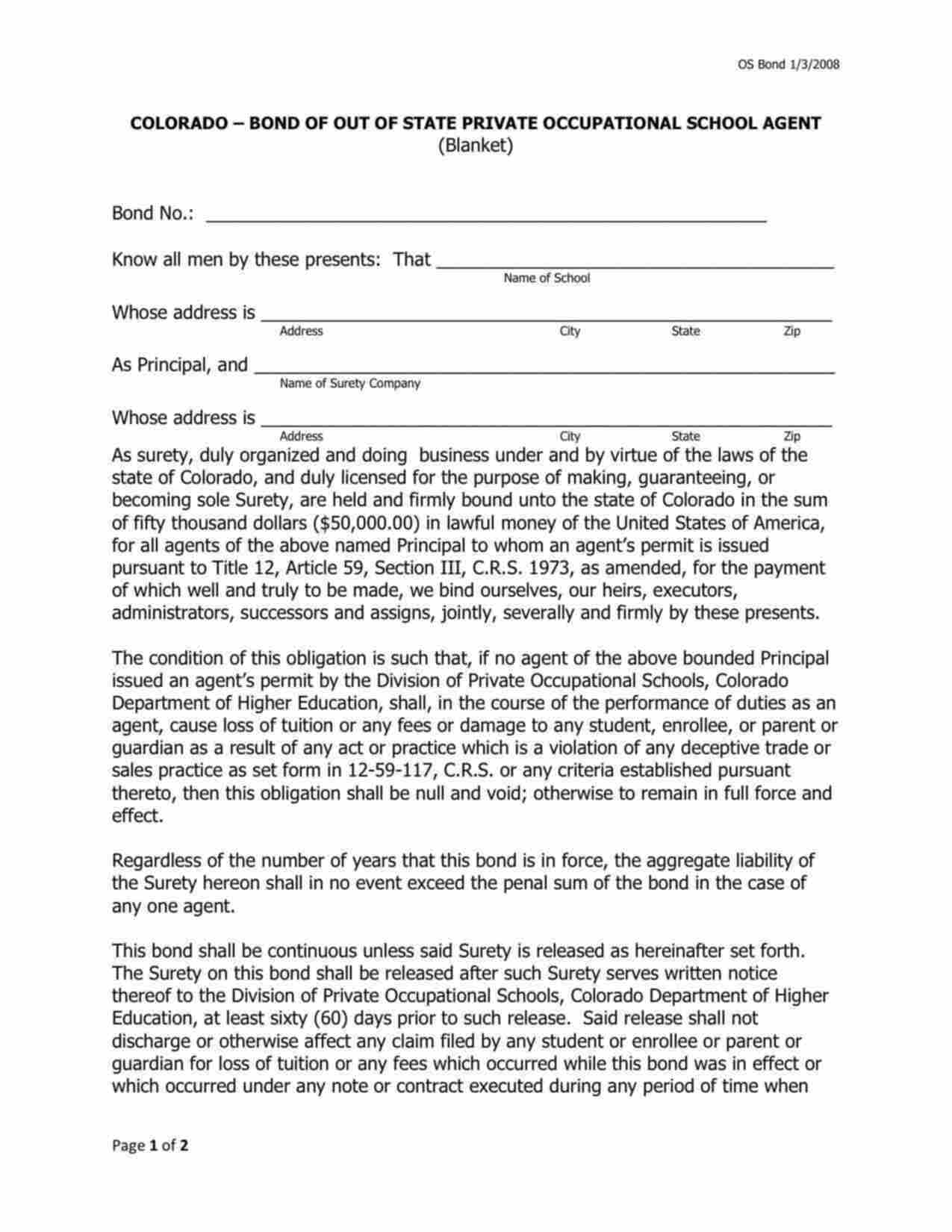 Colorado Out of State Private Occupational School Agent (Blanket) Bond Form