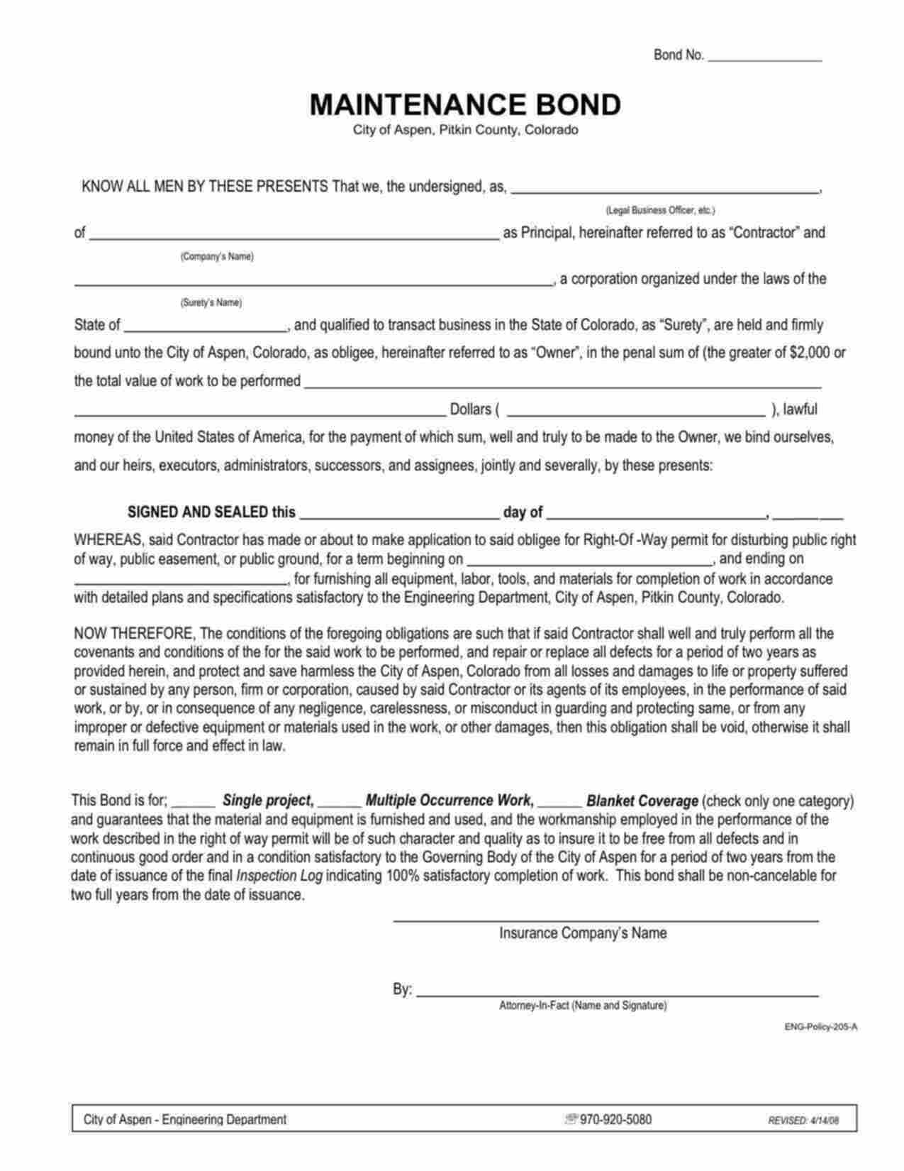 Colorado Maintenance - Multiple Occurrence Work Bond Form