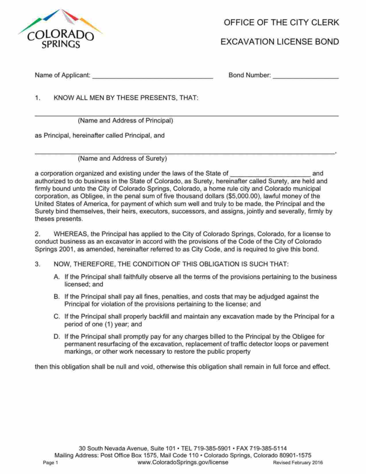 Colorado Excavation License Bond Form