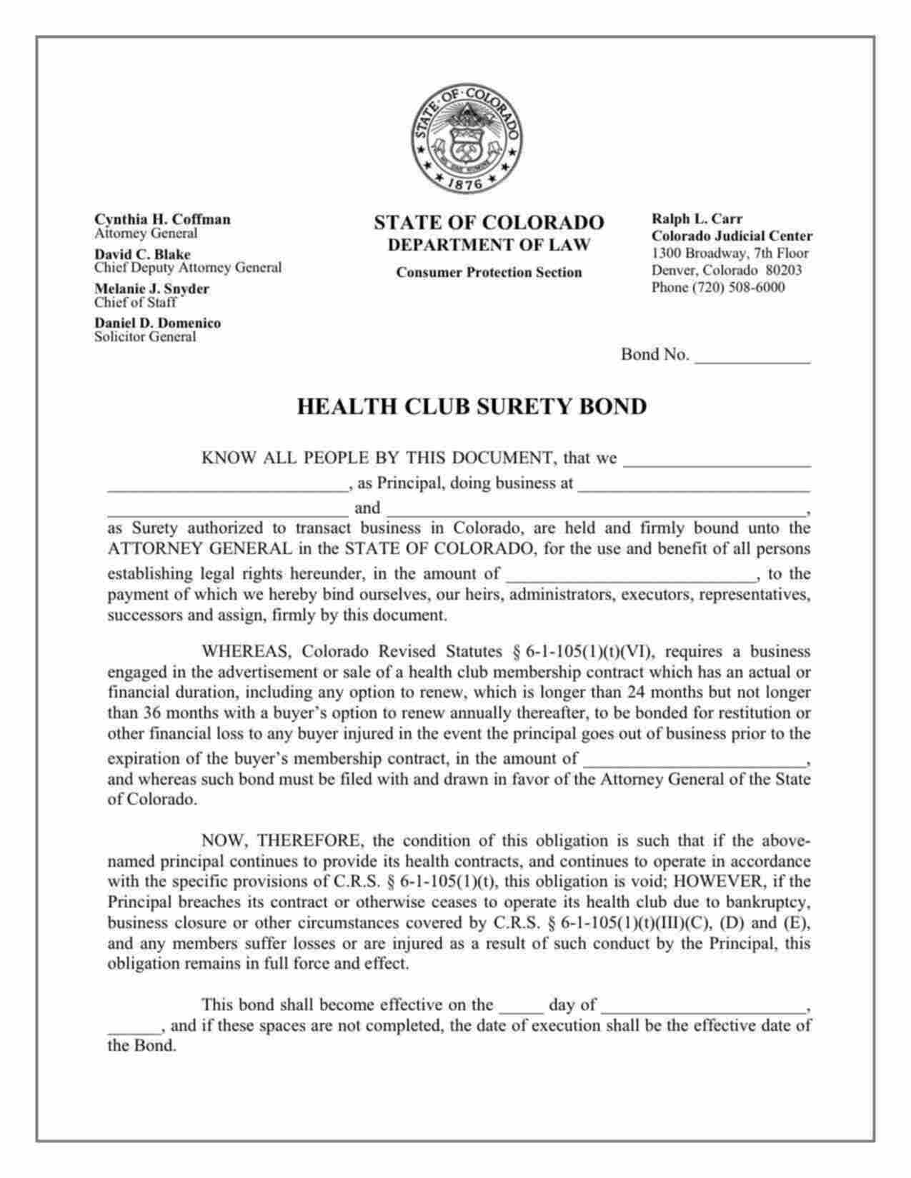 Colorado Health Club Bond Form