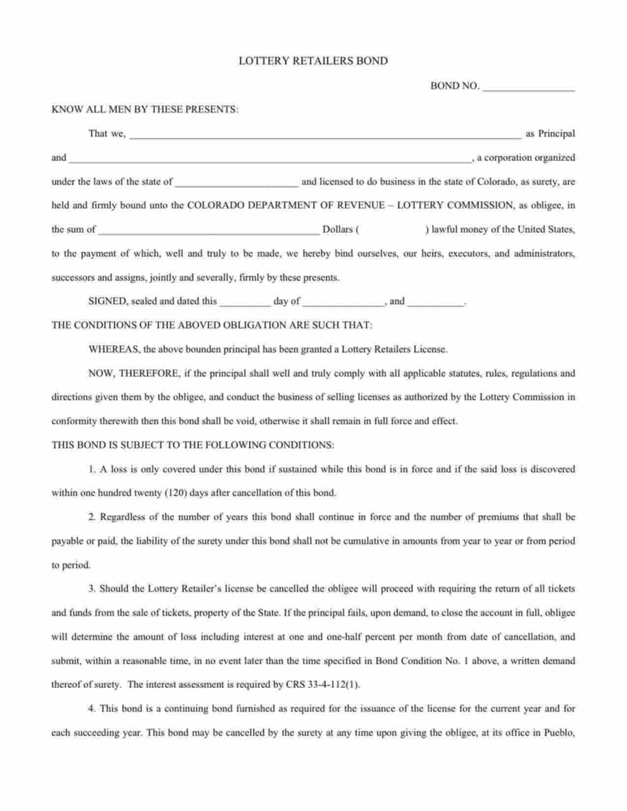 Colorado Lottery Retailer Bond Form