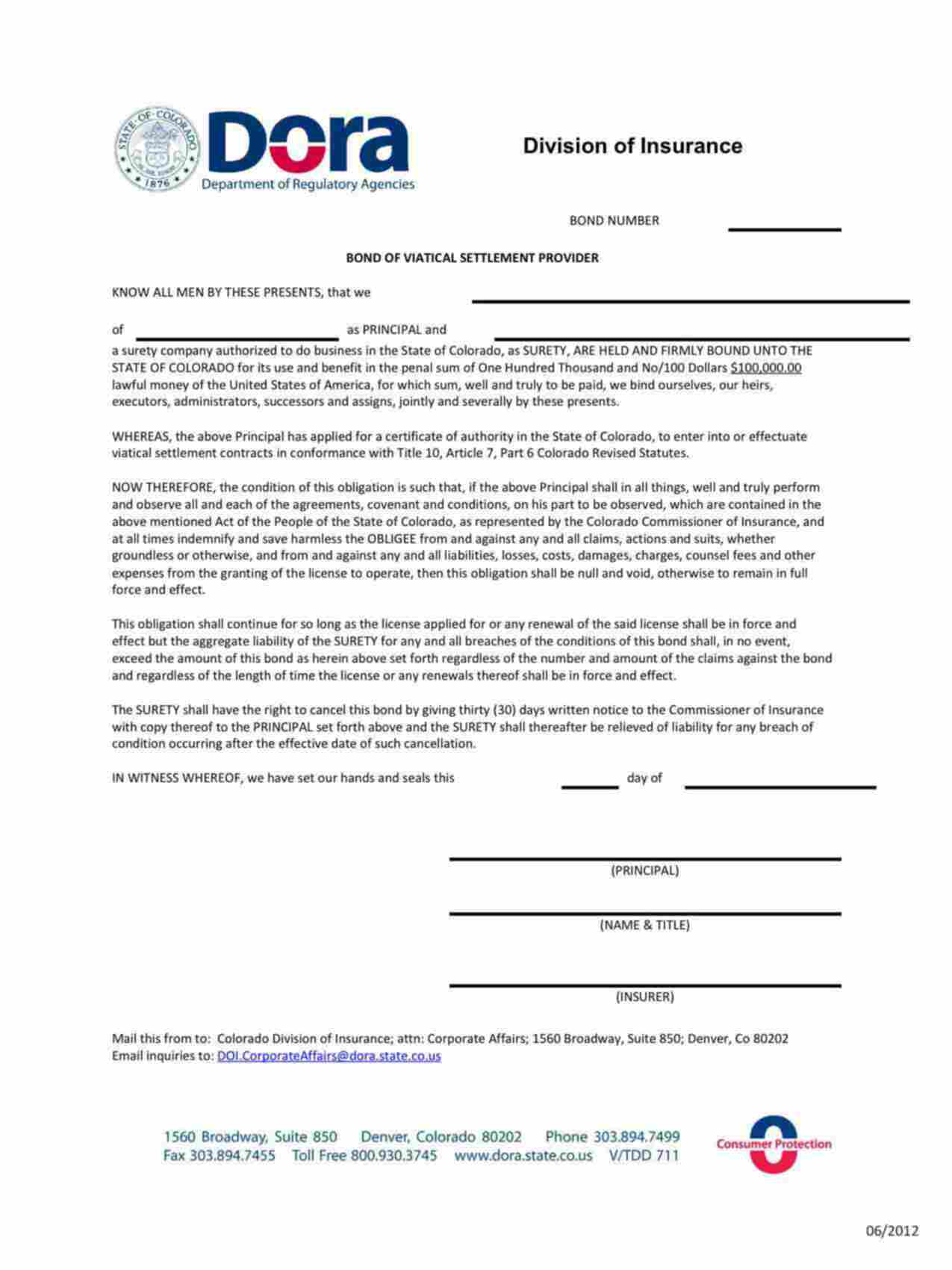 Colorado Viatical Settlement Provider Bond Form