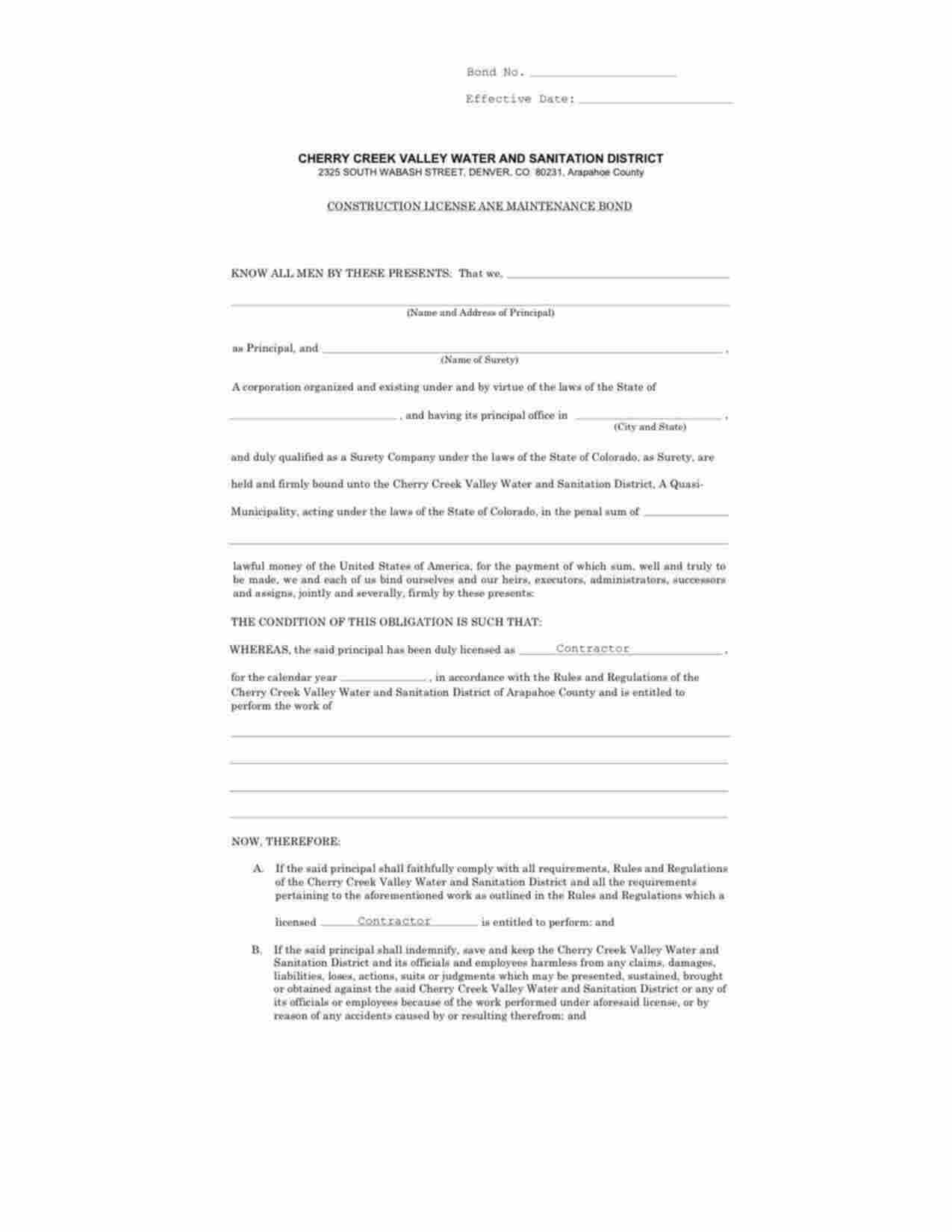 Colorado Construction License and Maintenance Bond Form