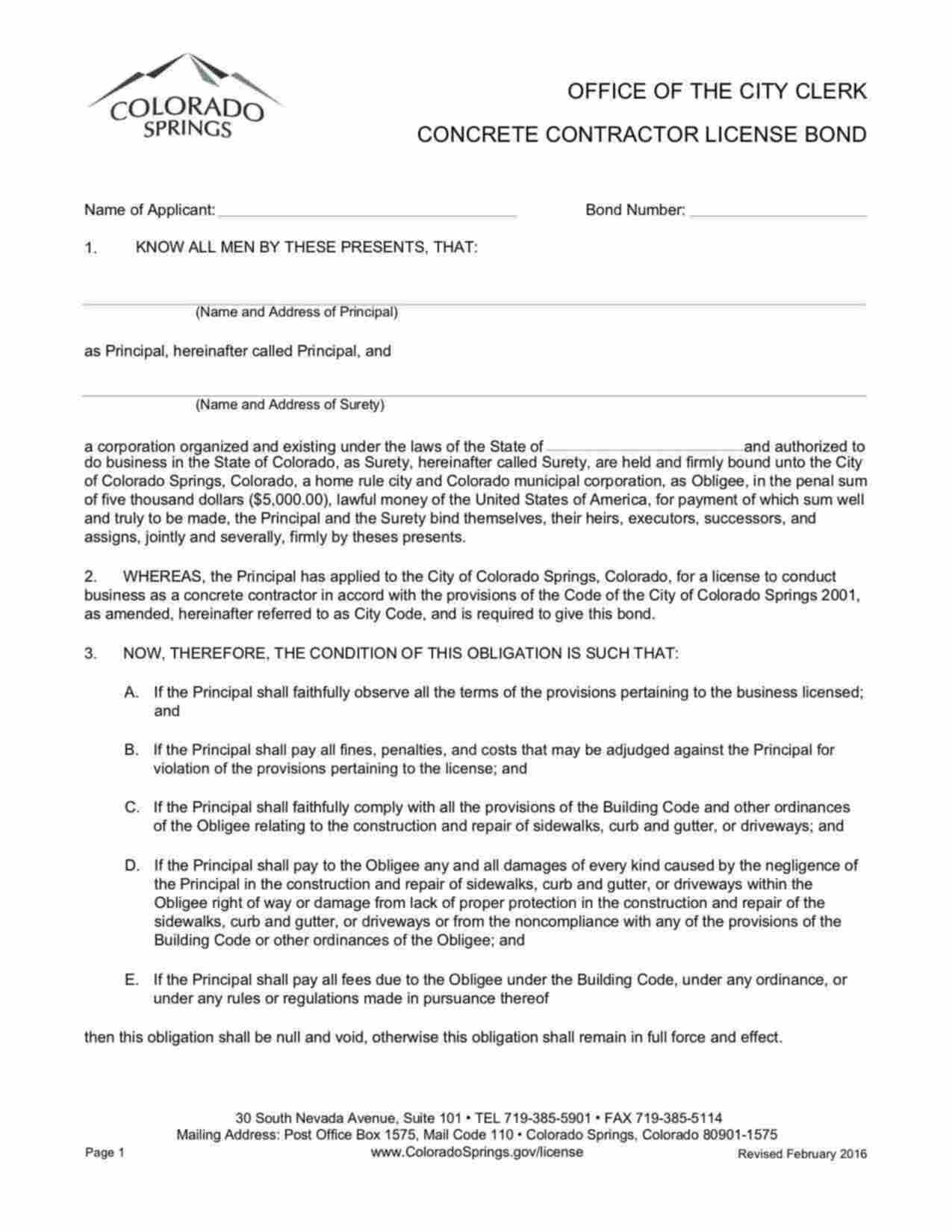 Colorado Concrete Contractor License Bond Form