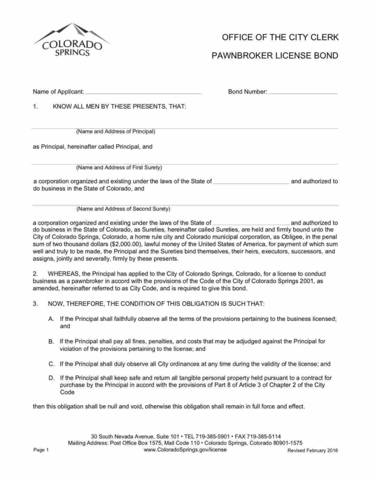 Colorado Pawnbroker License Bond Form