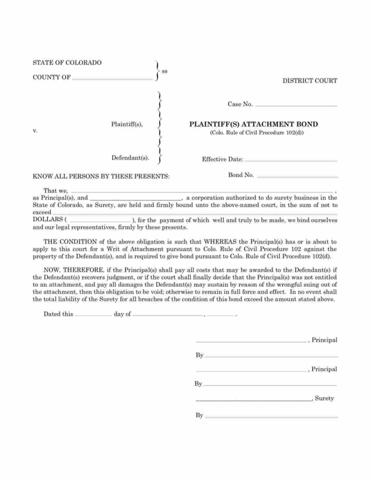 Colorado Plaintiffs Attachment Bond Form