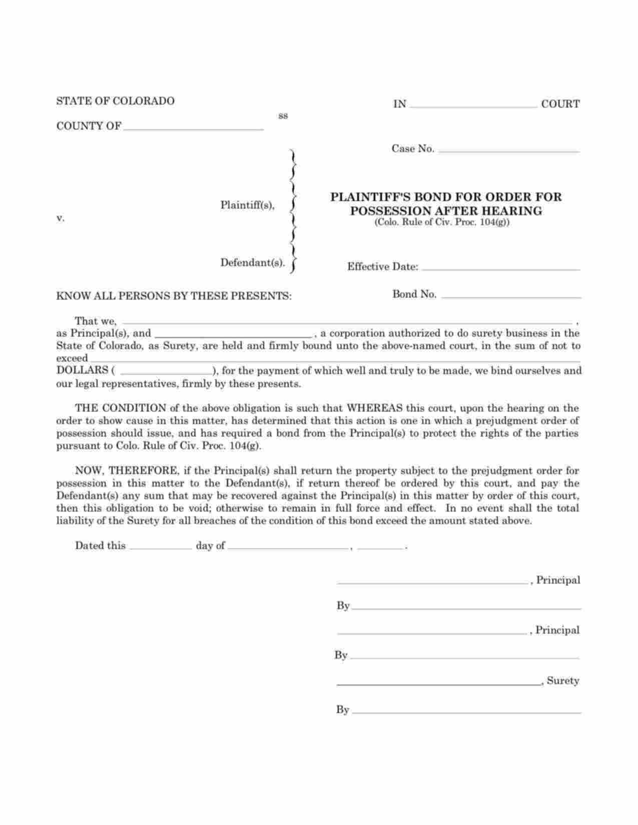 Colorado Plaintiffs Order for Possession After Hearing Bond Form