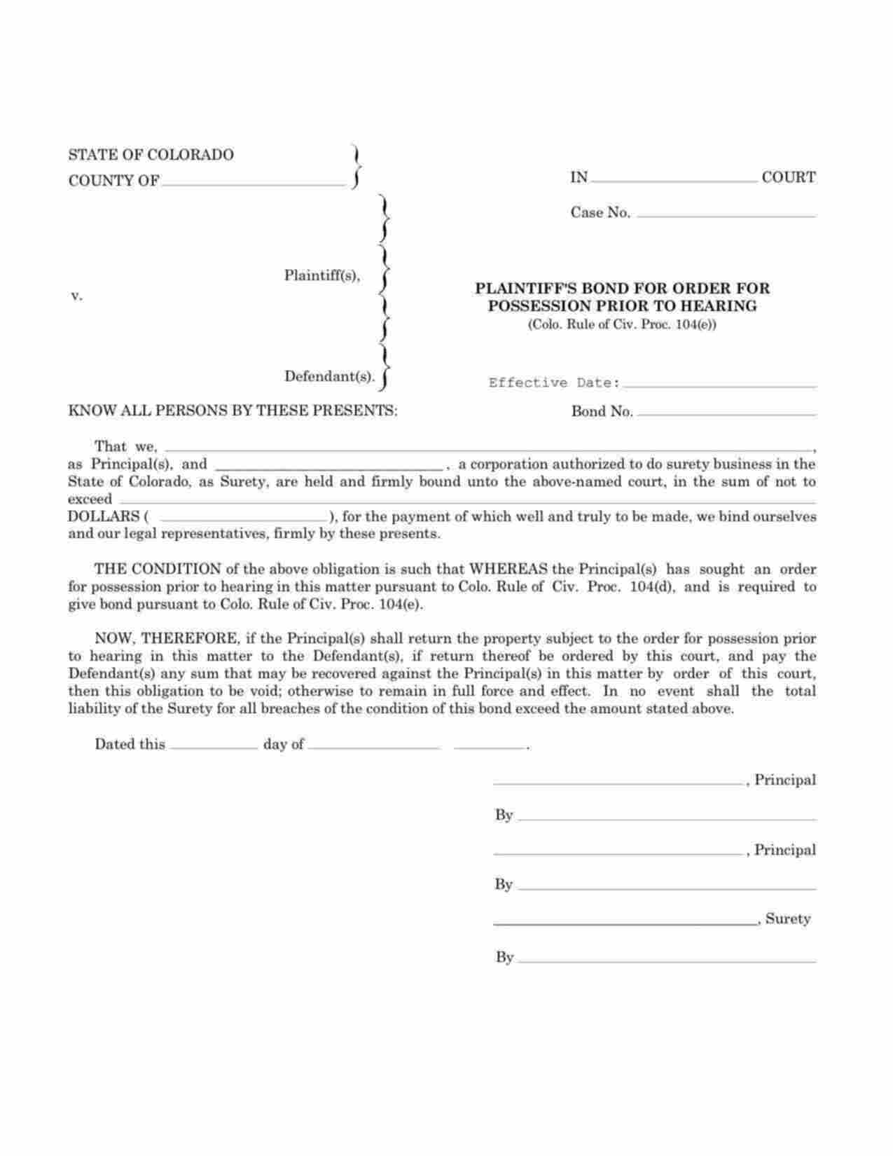 Colorado Plaintiffs Order for Possession Prior to Hearing Bond Form