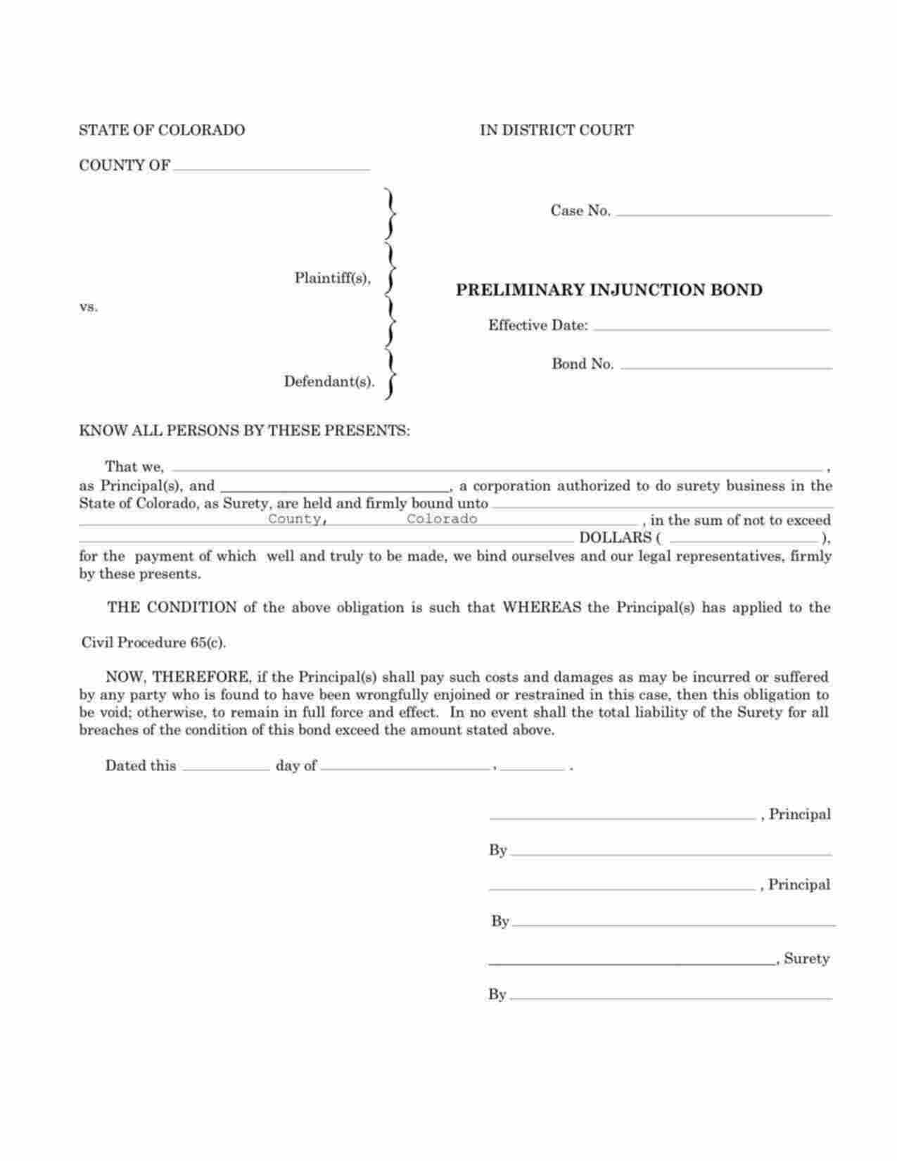 Colorado Preliminary Injunction Bond Form