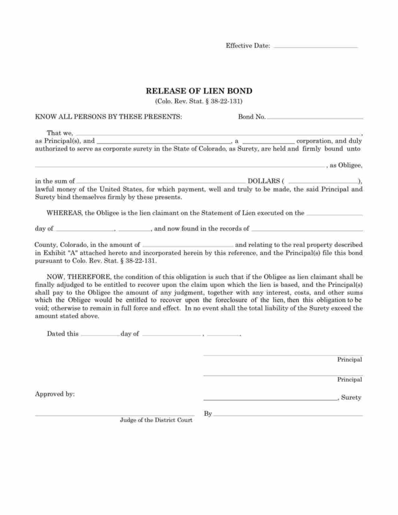 Colorado Release of Lien Bond Form