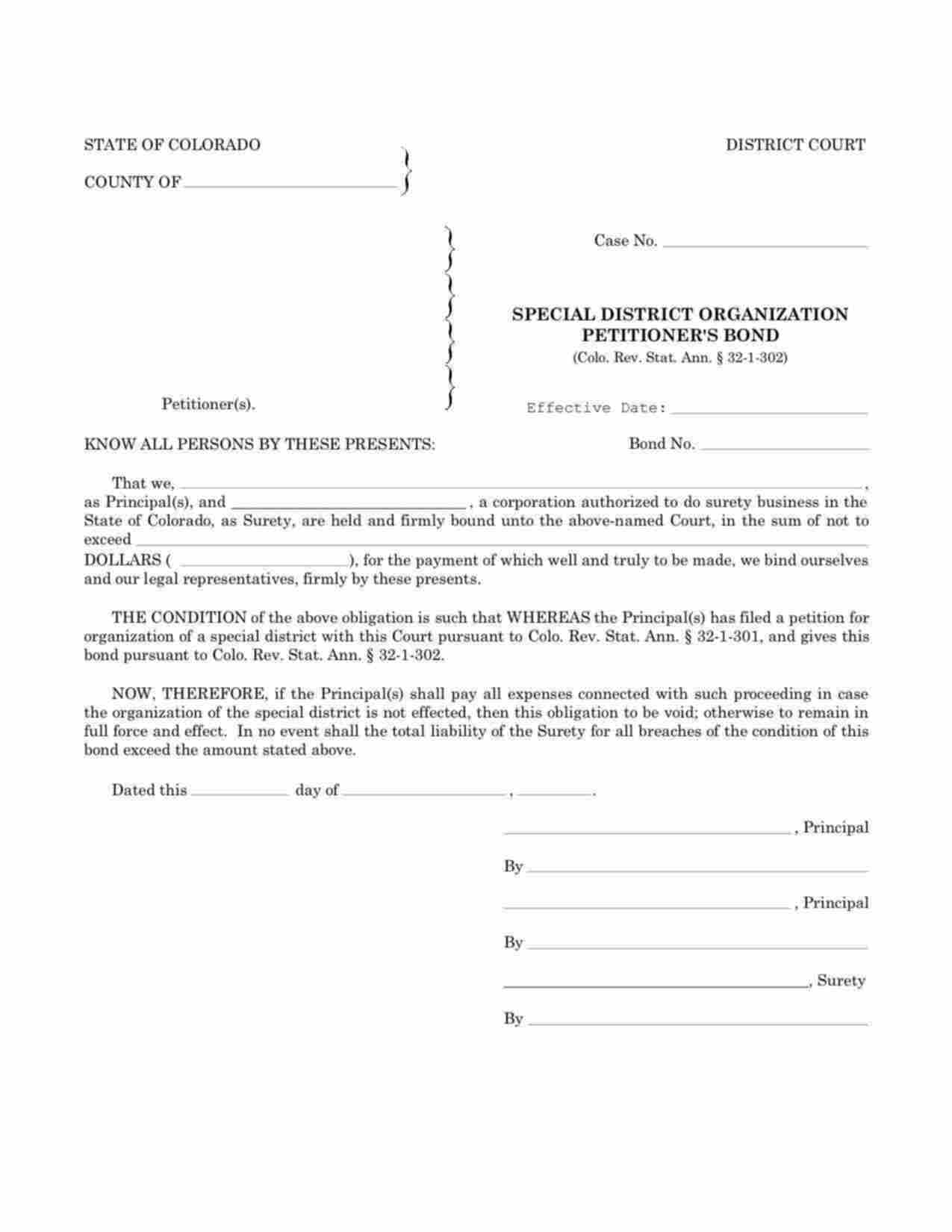 Colorado Special District Organization Petitioner Bond Form