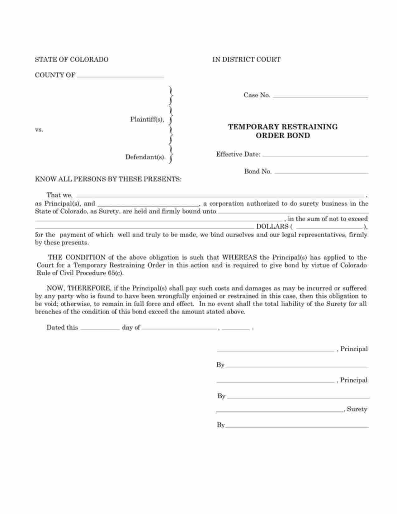 Colorado Temporary Restraining Order Bond Form