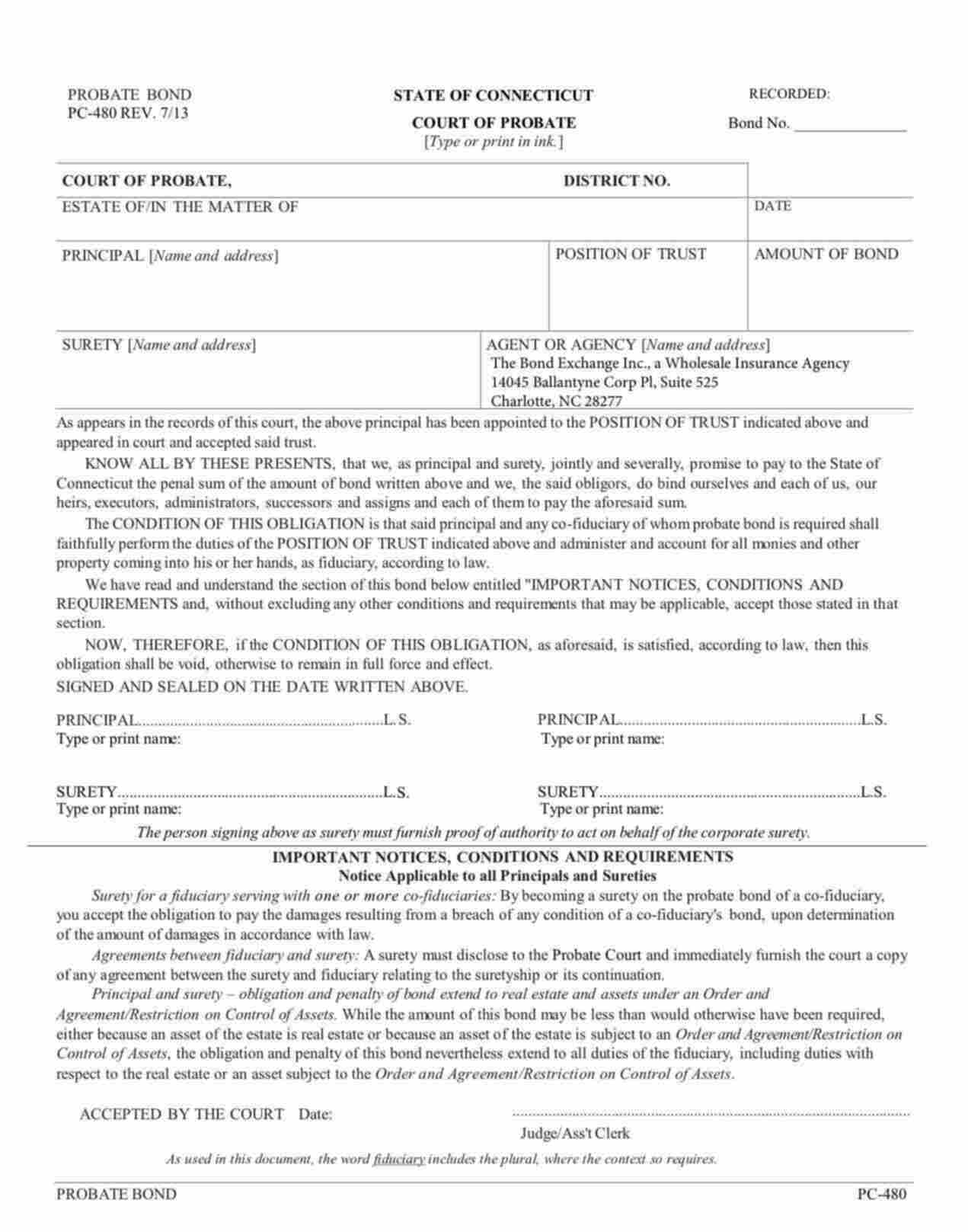 Connecticut Probate Administrator, Executor, Conservator, or Guardian Bond Form