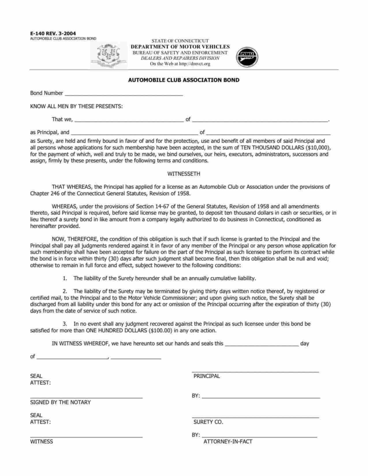 Connecticut Automobile Club Association Bond Form