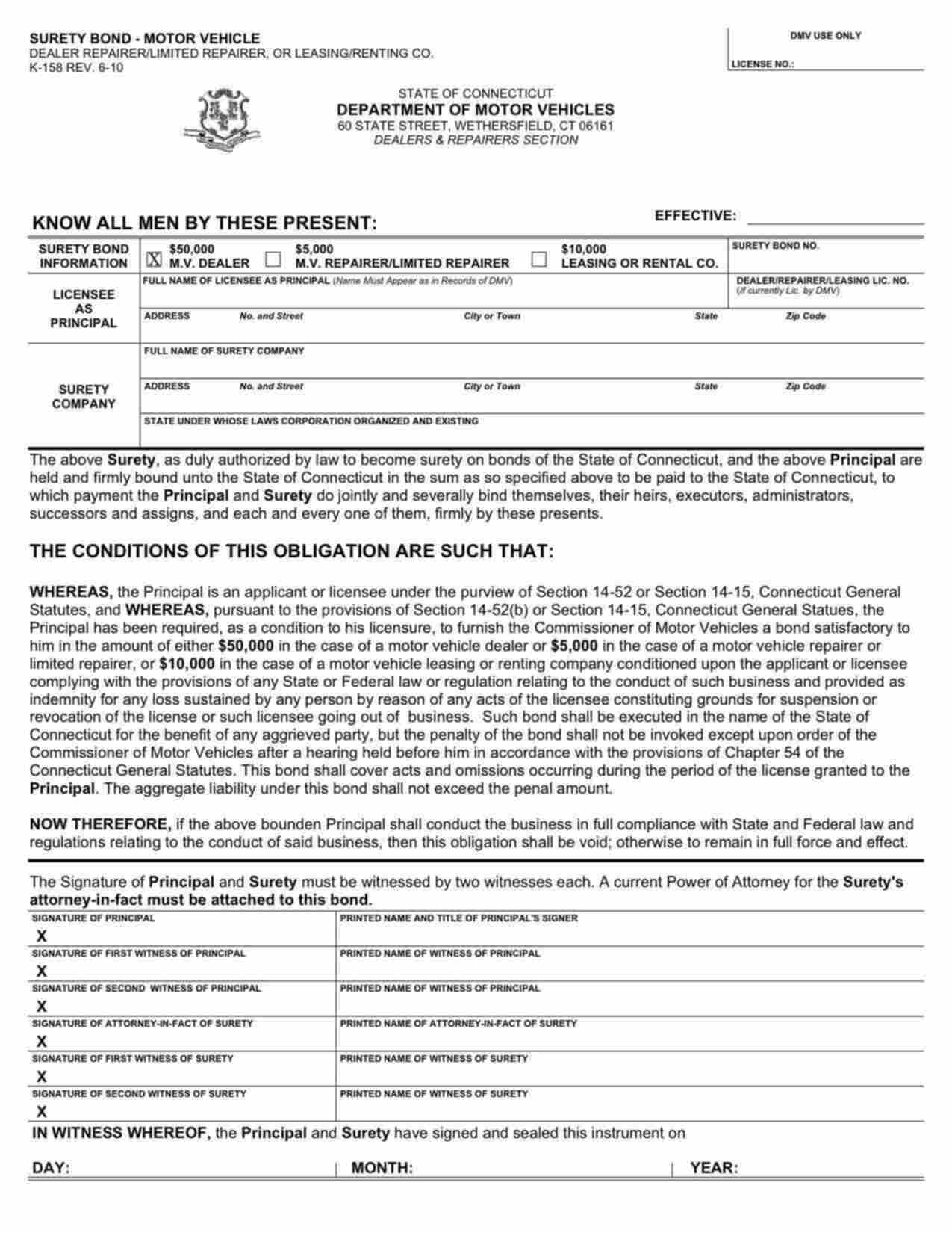 Connecticut Motor Vehicle Dealer Bond Form