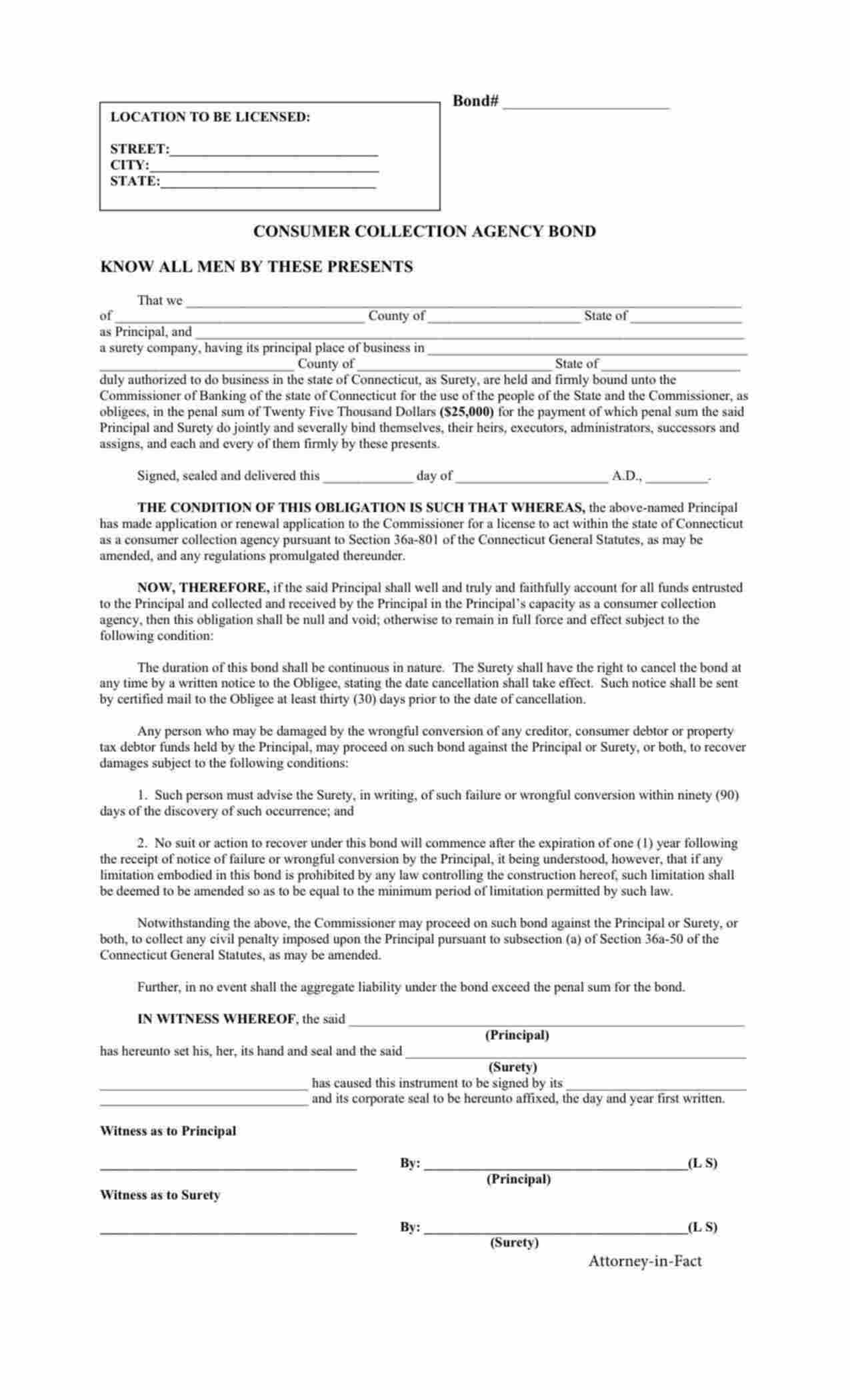 Connecticut Consumer Collection Agency Bond Form