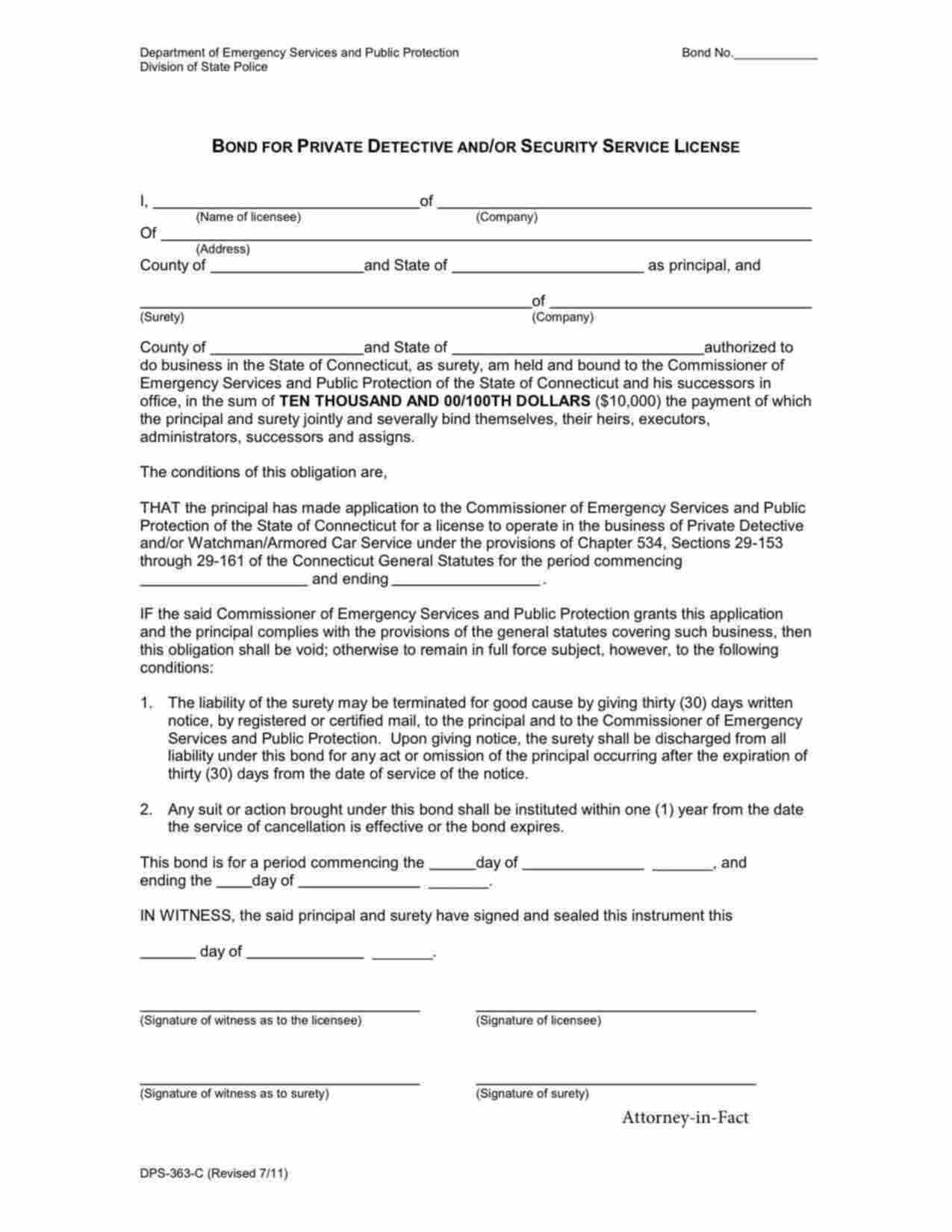 Connecticut Private Detective and/or Security Service License Bond Form