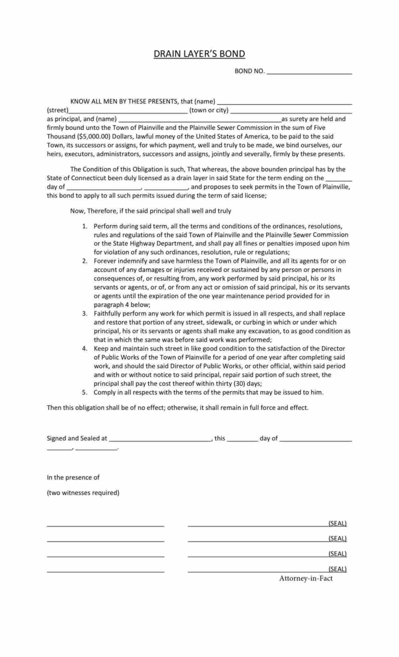 Connecticut Drain Layer Bond Form