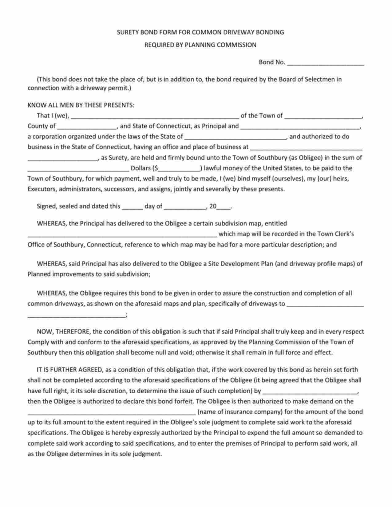 Connecticut Driveway Permit Bond Form