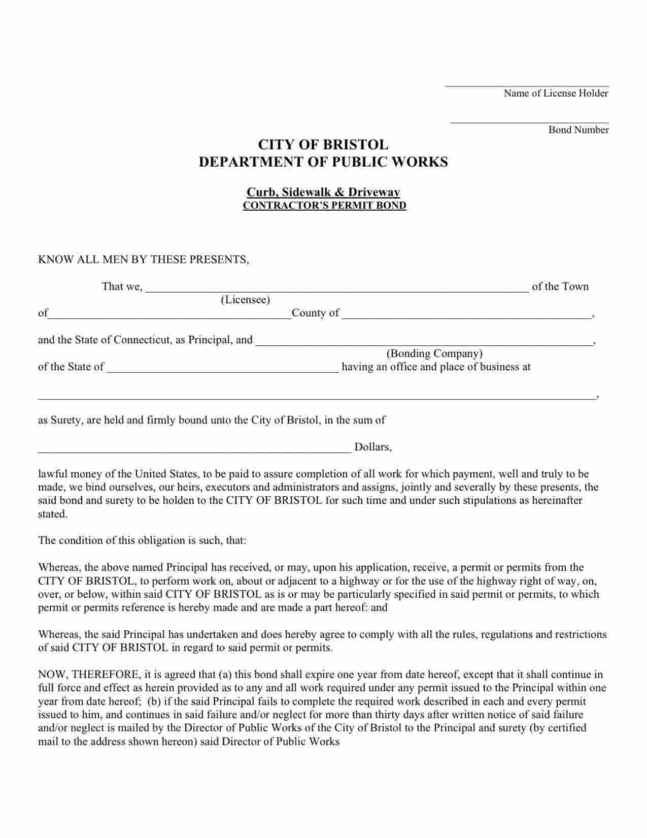 Connecticut Curb, Sidewalk & Driveway Permit Bond Form