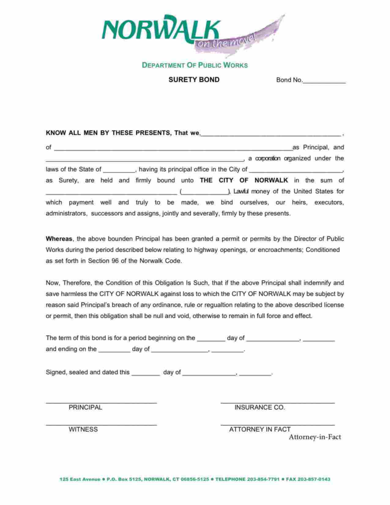 Connecticut Highway Openings or Encroachment Permit Bond Form