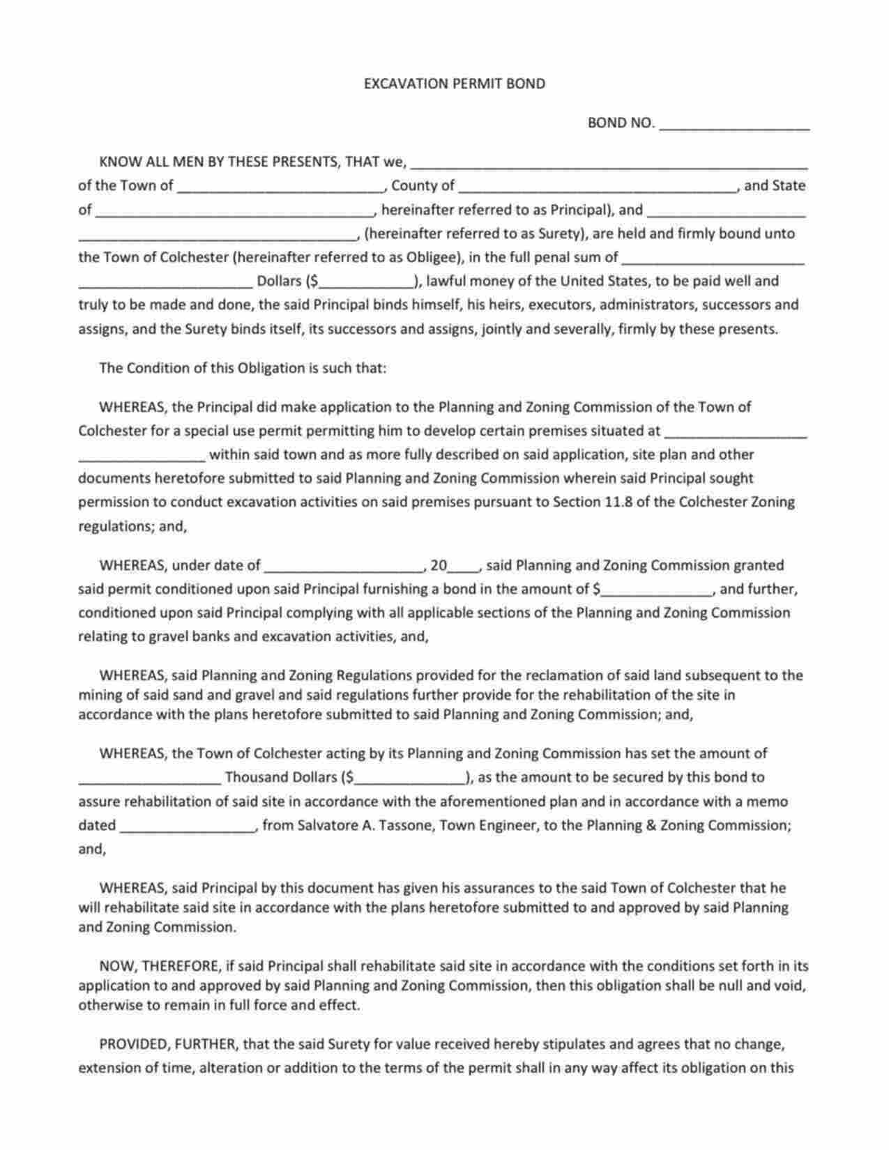 Connecticut Excavation Permit Bond Form