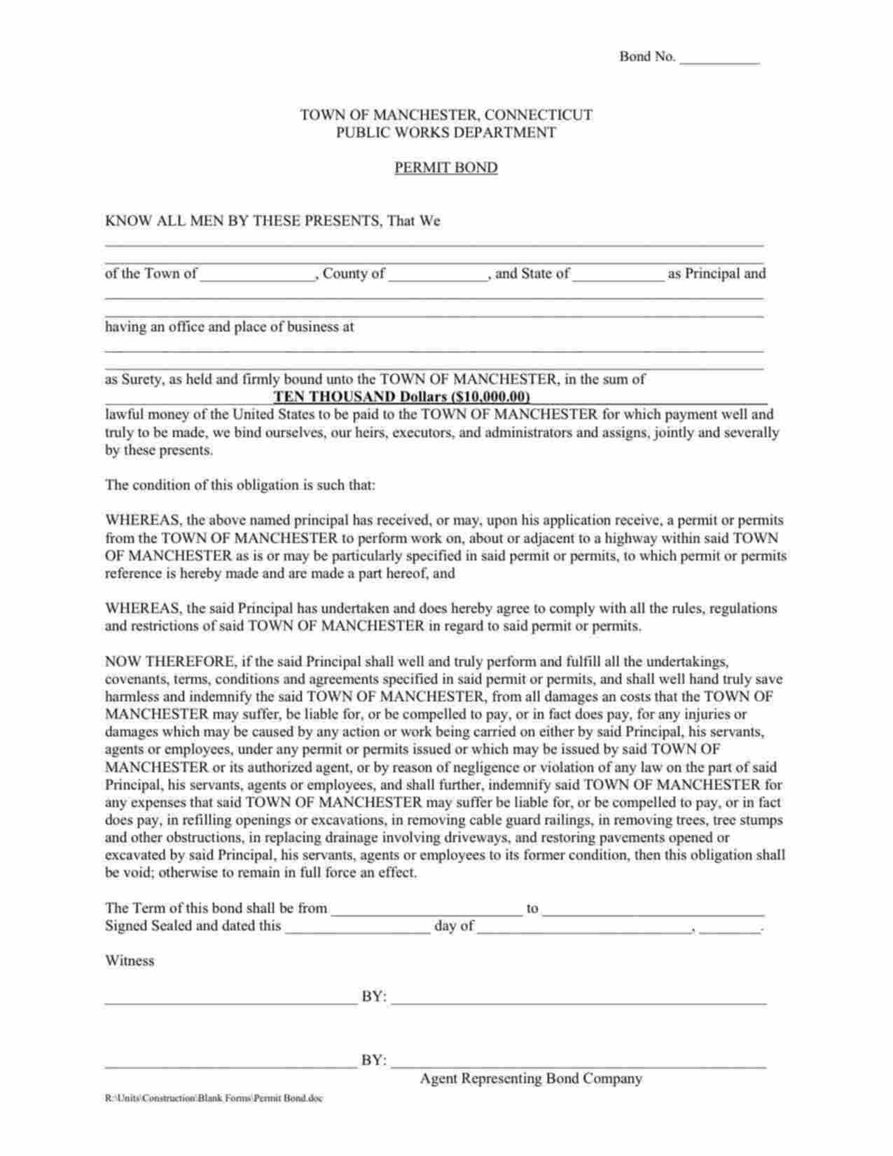 Connecticut Highway Permit Bond Form