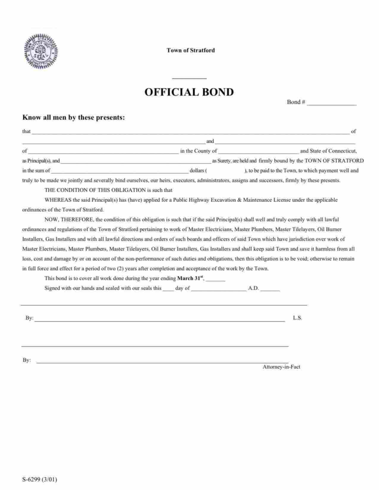 Connecticut Highway Excavation and Maintenance License Bond Form