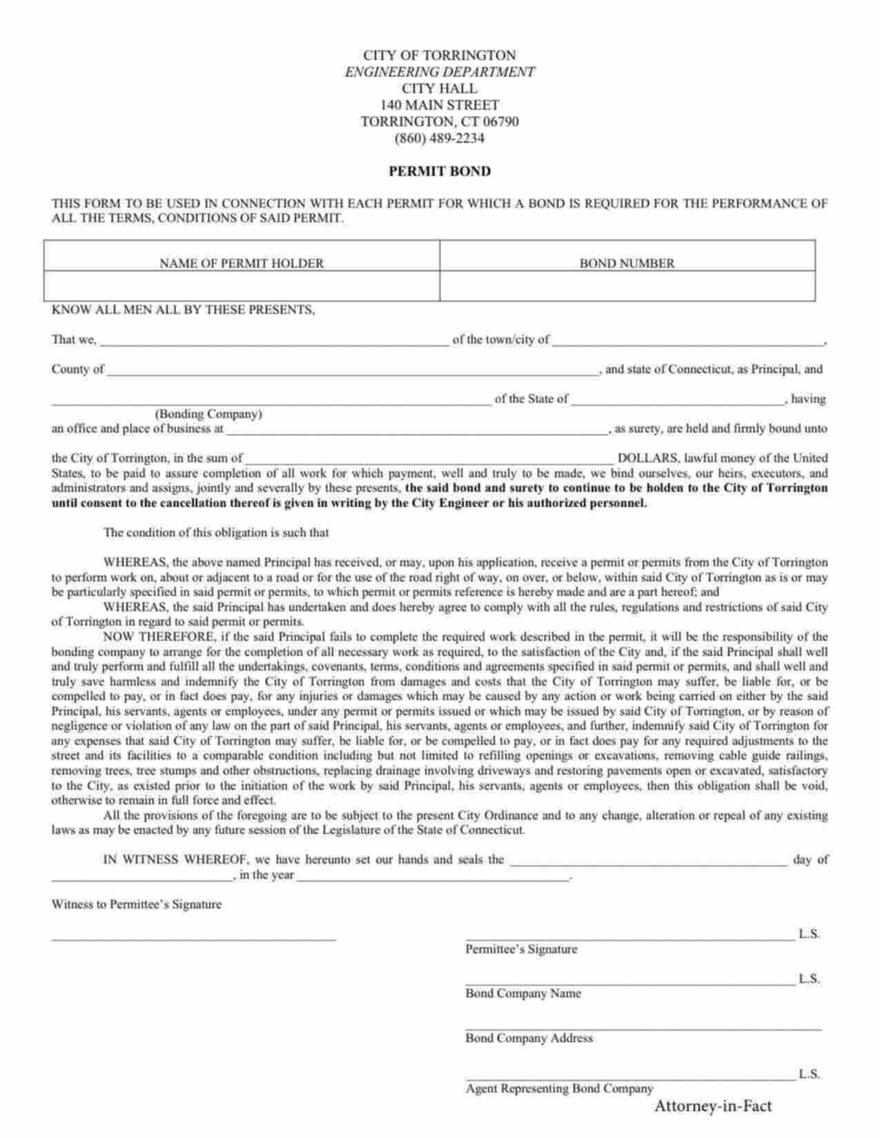 Connecticut Right of Way Permit Bond Form